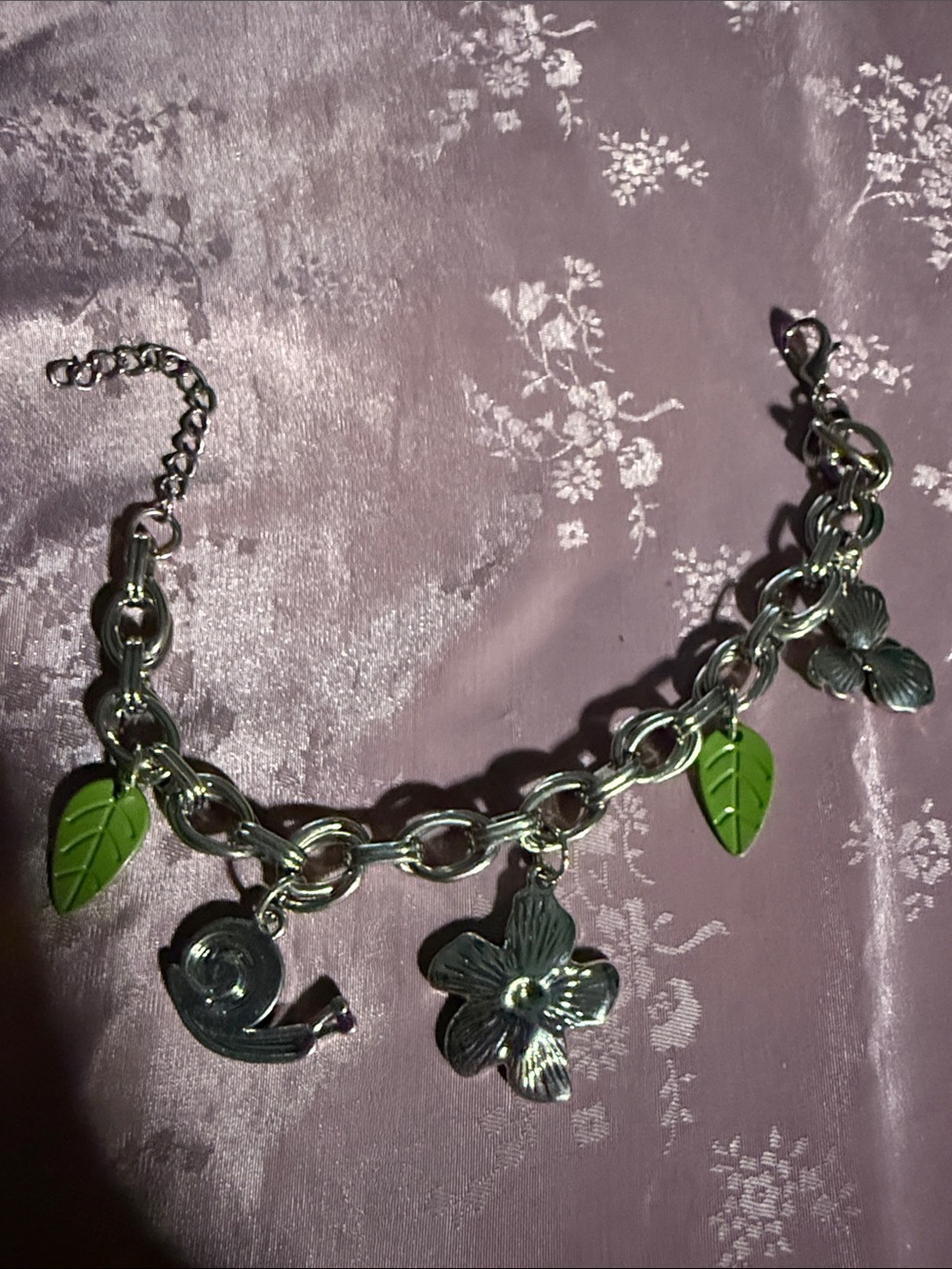 Silver-Tone Floral & Leaf Charm Bracelet with Green Accents